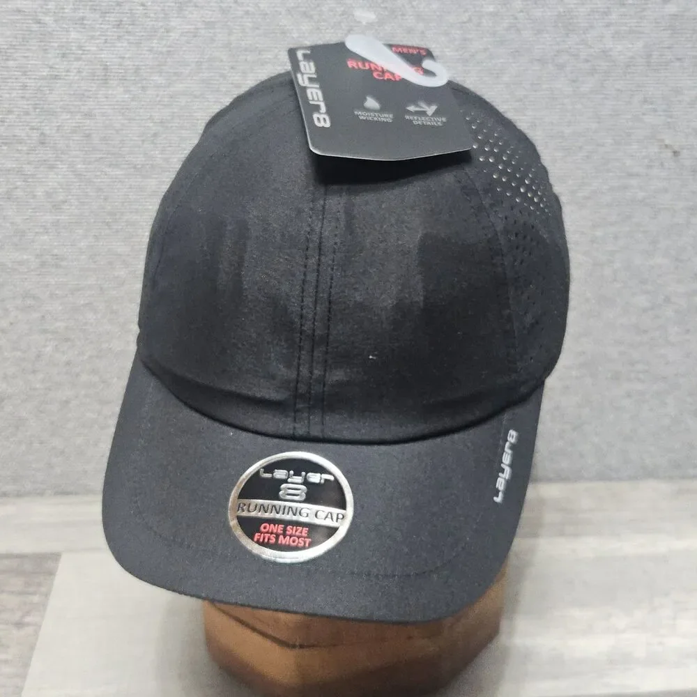 Layer8  Black Running Hat Cap One Size Strap Back Moisture Wicking Fit Most NWT